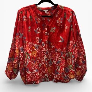 Pilcro Anthropologie Red Floral Boho Peasant Blouse Ditzy Floral Small